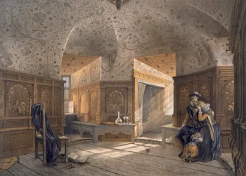 Kustaa I:n pojan kuningas Erik XIV:n vankila Gripsholmissa, teoksesta "Teckningar efter Naturen Sverige Interiuer och Exteriuer", julkaistu noin 1853-64